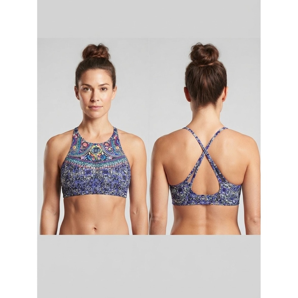 Athleta Blue Paisley High Neck Underwire Bikini SwimTop 38 B/C Adjustable Straps